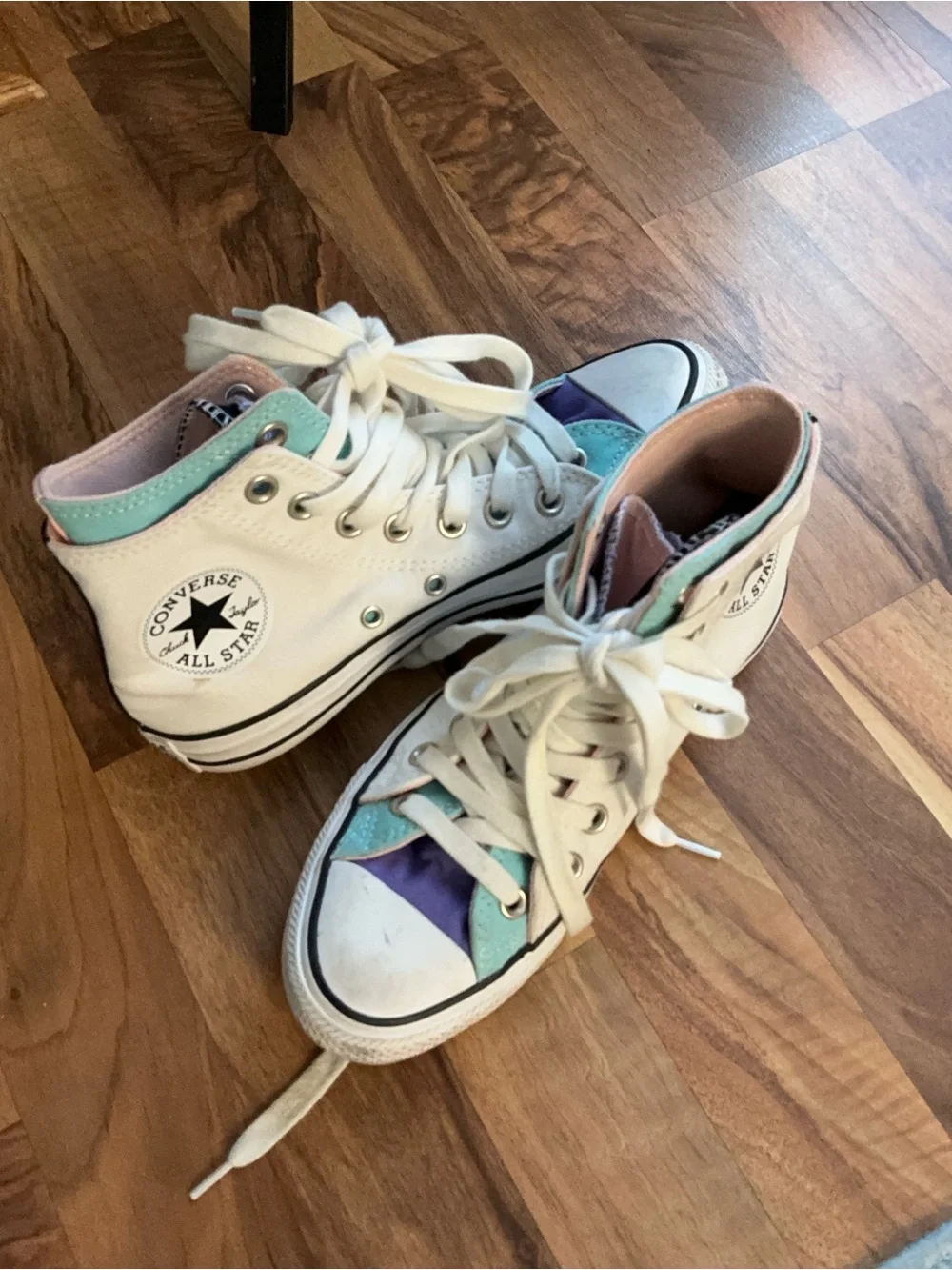Converse White High Top Sneakers with Mint and Purple Accents